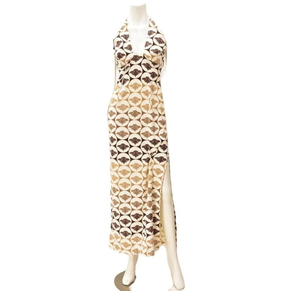 70s Vintage Halter Maxi Dress Womens XS Geometric Mod Cream Brown Midi Backless